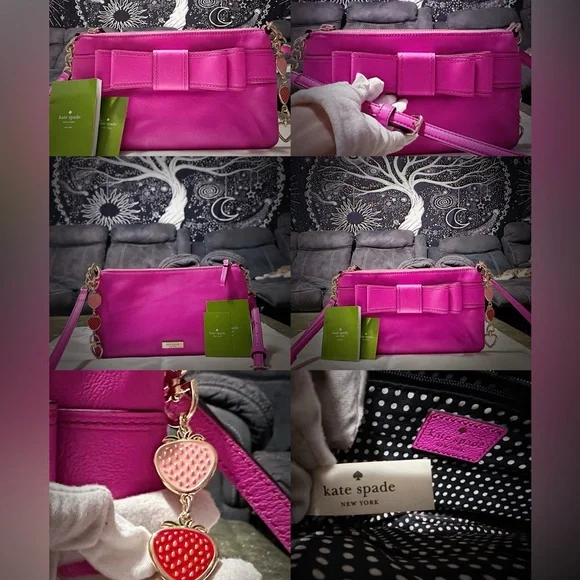 Y2K Kate Spade pink soft leather Fuchsia Crossbody Bag with strawberry keychain - Picture 10 of 17